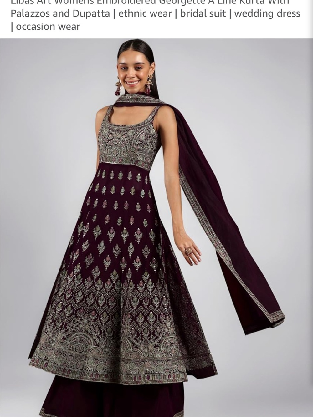 Libas Art Wine Embroidered Georgette A-Line Kurta With Palazzos & Dupatta